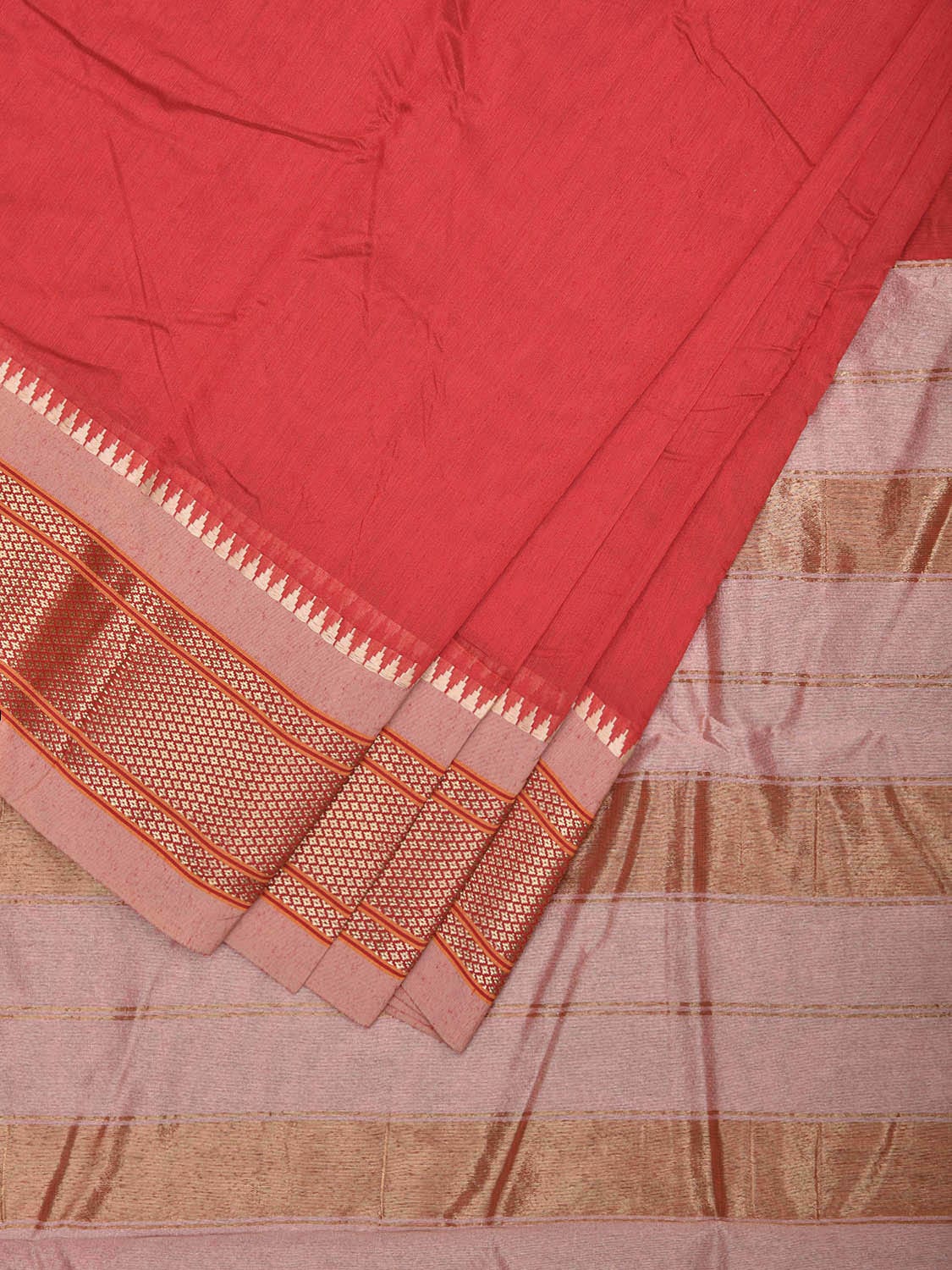 Red and Cream Bamboo Cotton Plain Saree with Contrast Pallu Design No Blouse bc0655