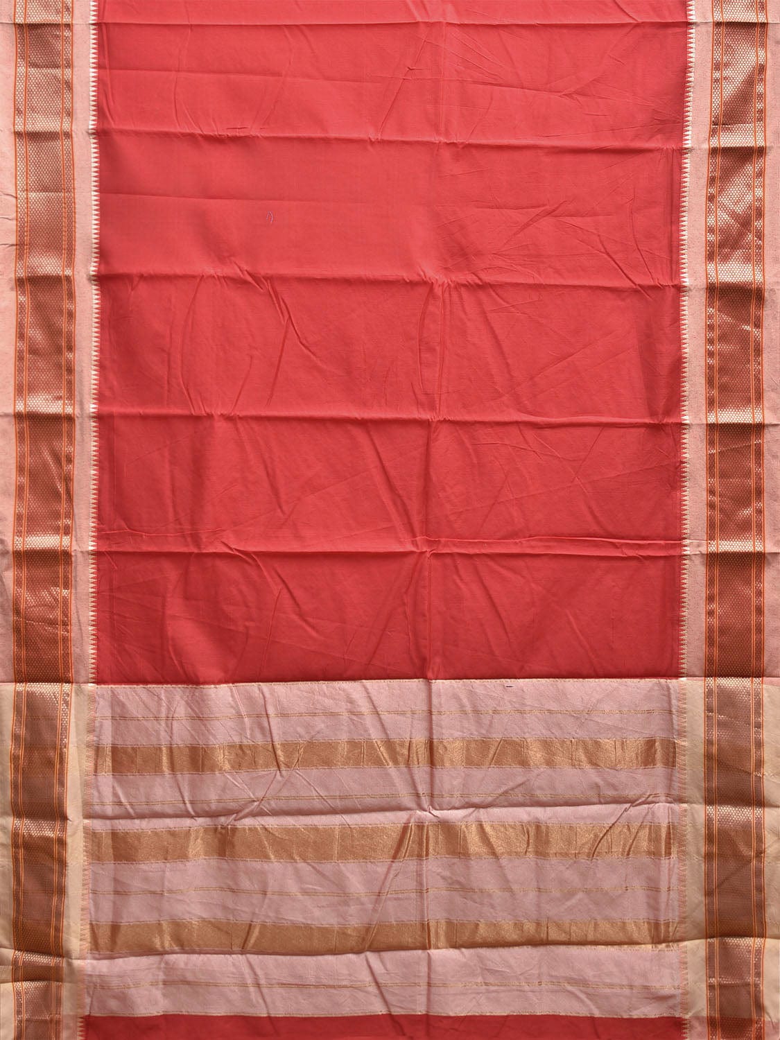 Red and Cream Bamboo Cotton Plain Saree with Contrast Pallu Design No Blouse bc0655