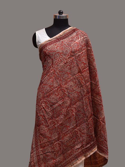Red and Cream Kalamkari Block Print Cotton Silk Dupatta with Floral Design ds3760