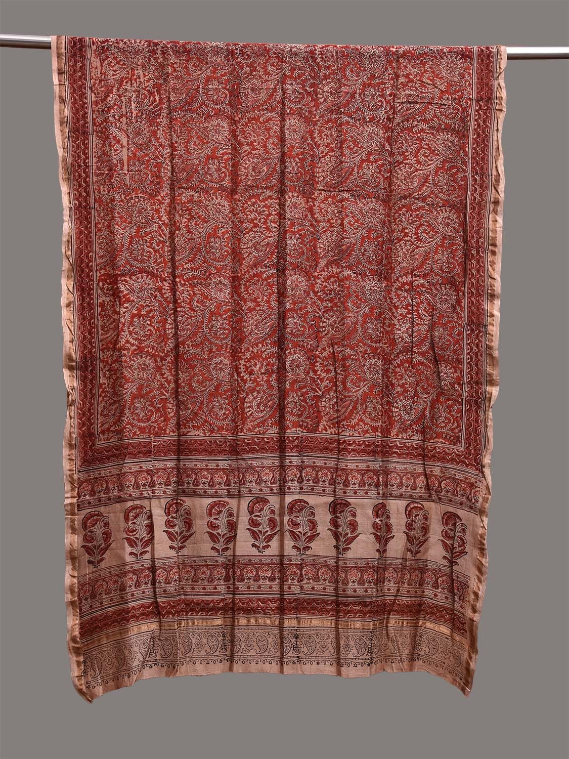 Red and Cream Kalamkari Block Print Cotton Silk Dupatta with Floral Design ds3760