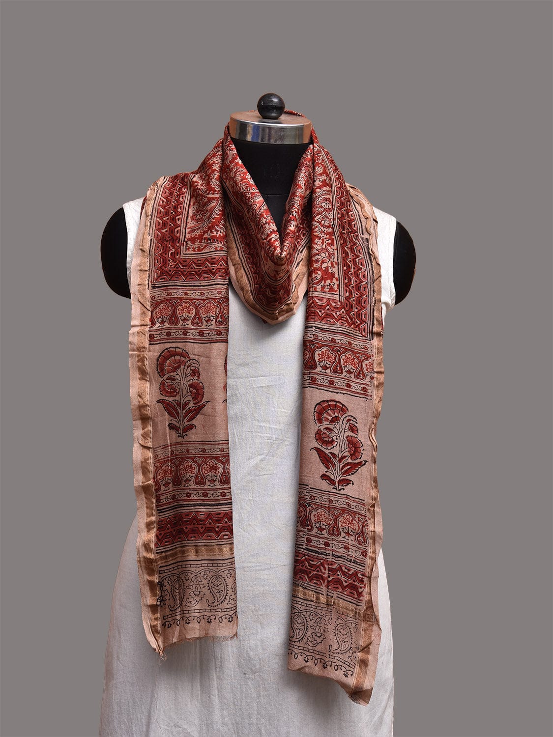 Red and Cream Kalamkari Block Print Cotton Silk Dupatta with Floral Design ds3760