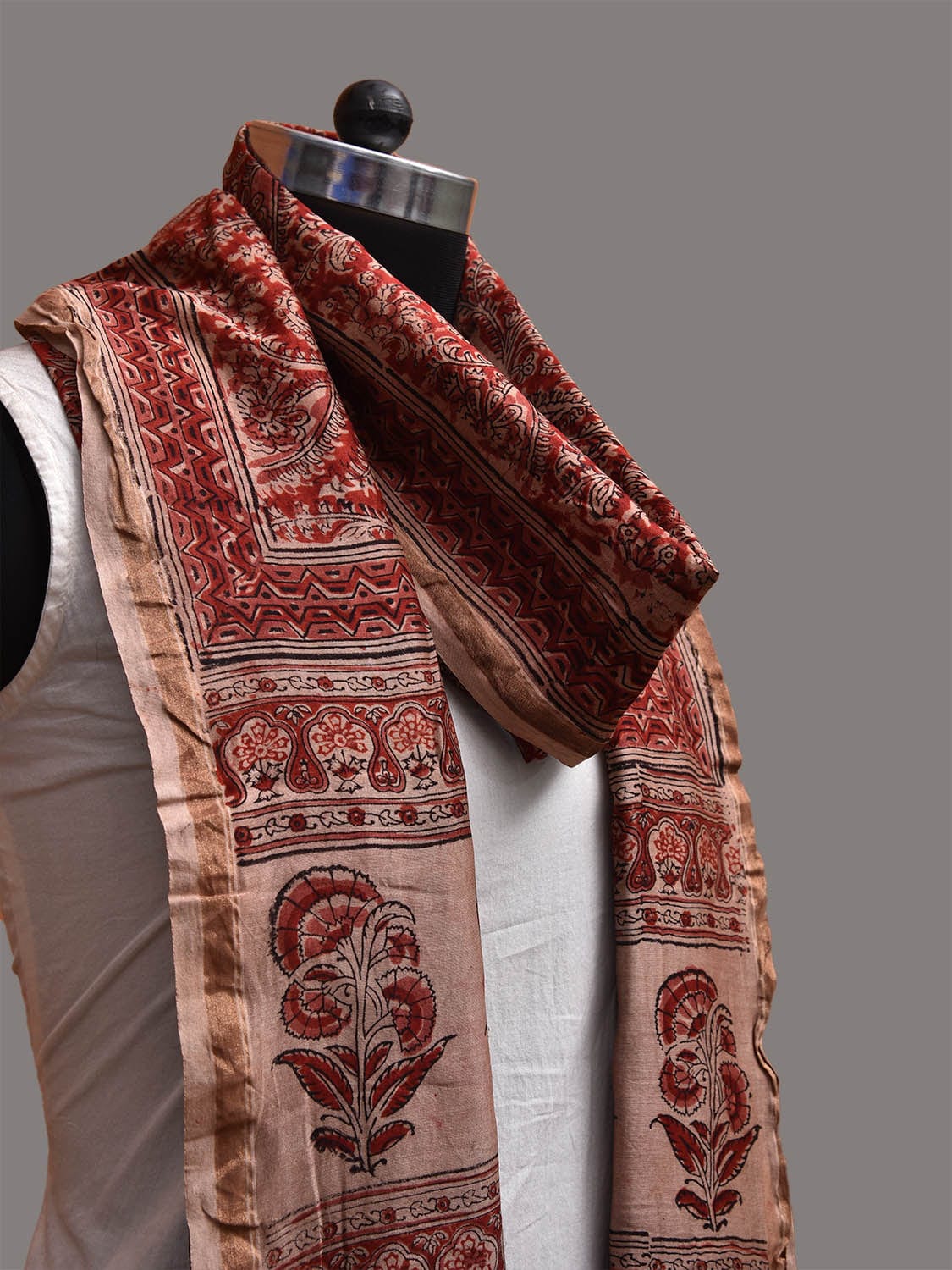 Red and Cream Kalamkari Block Print Cotton Silk Dupatta with Floral Design ds3760