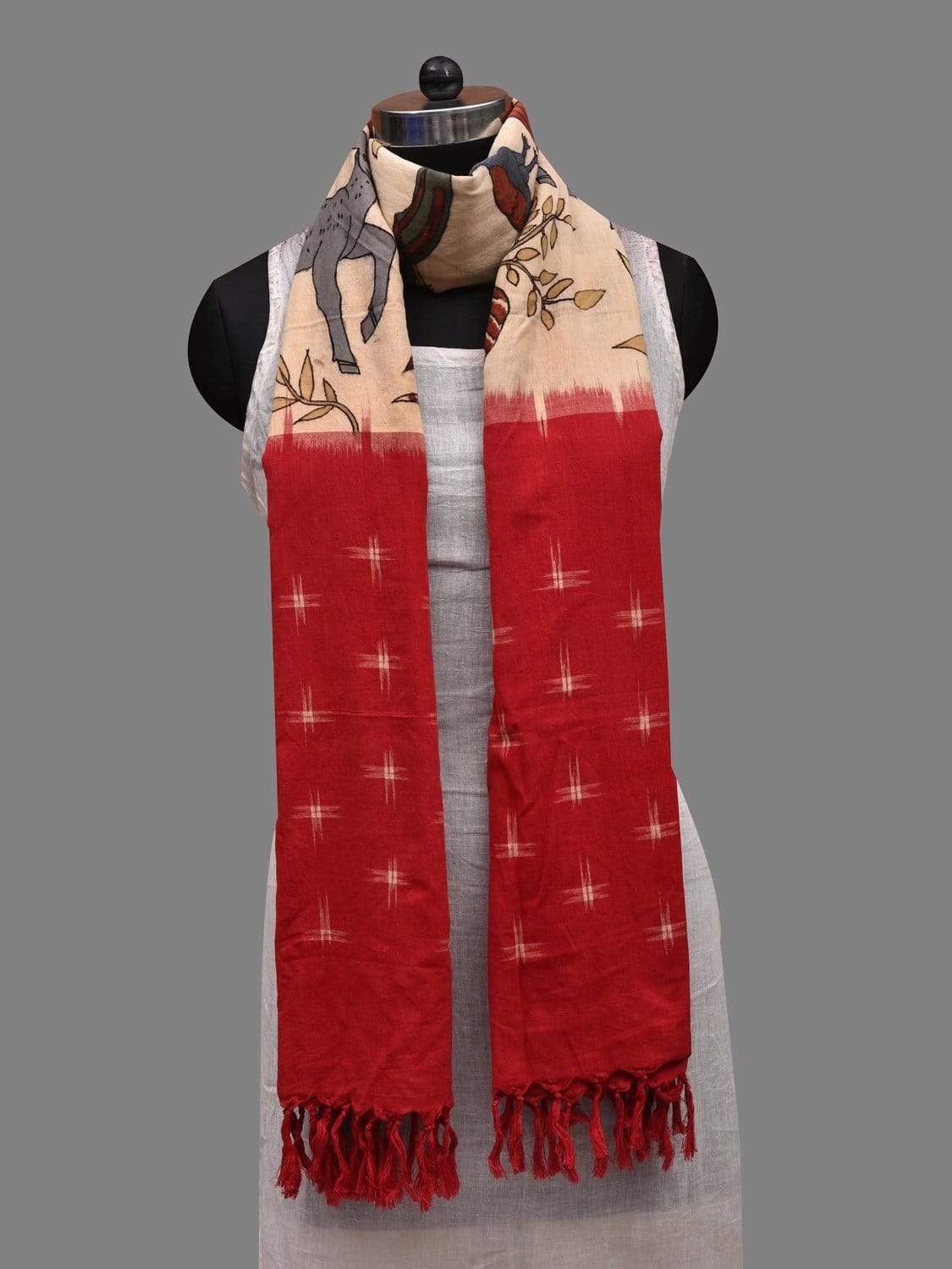 Red and Cream Kalamkari Hand Painted Ikat Cotton Handloom Dupatta with Birds and Deers Design ds2603