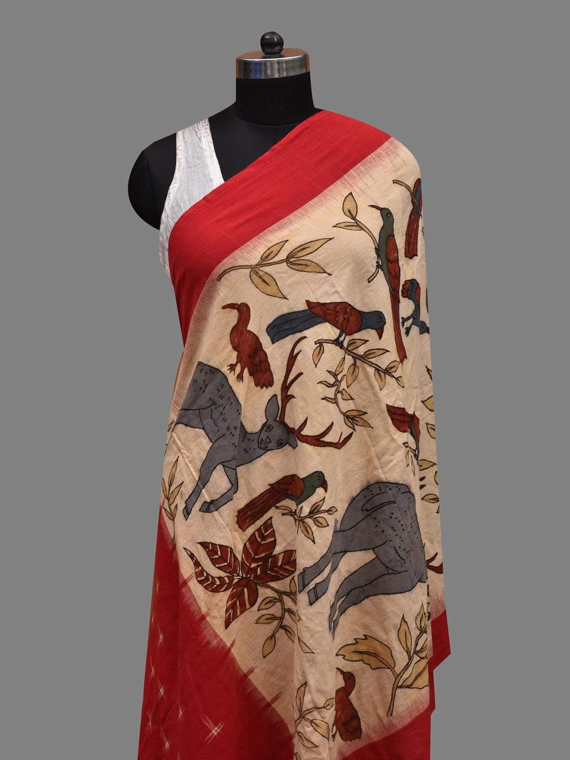 Red and Cream Kalamkari Hand Painted Ikat Cotton Handloom Dupatta with Birds and Deers Design ds2603