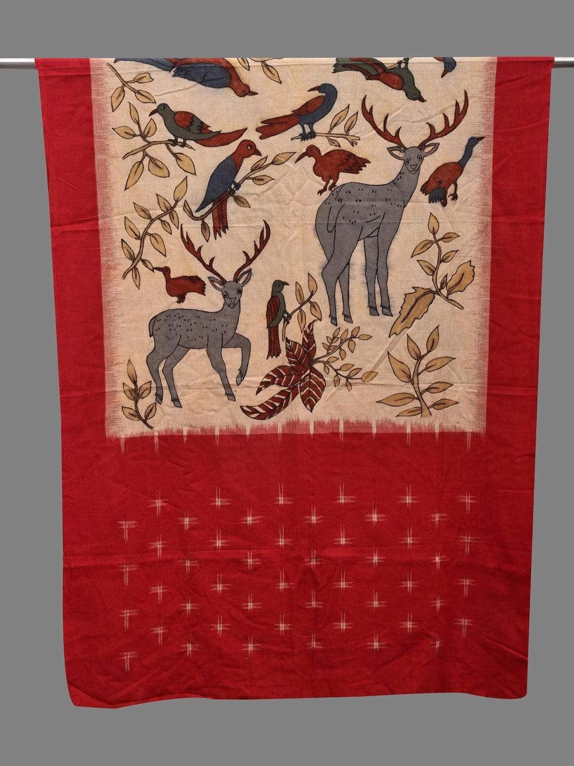 Red and Cream Kalamkari Hand Painted Ikat Cotton Handloom Dupatta with Birds and Deers Design ds2603