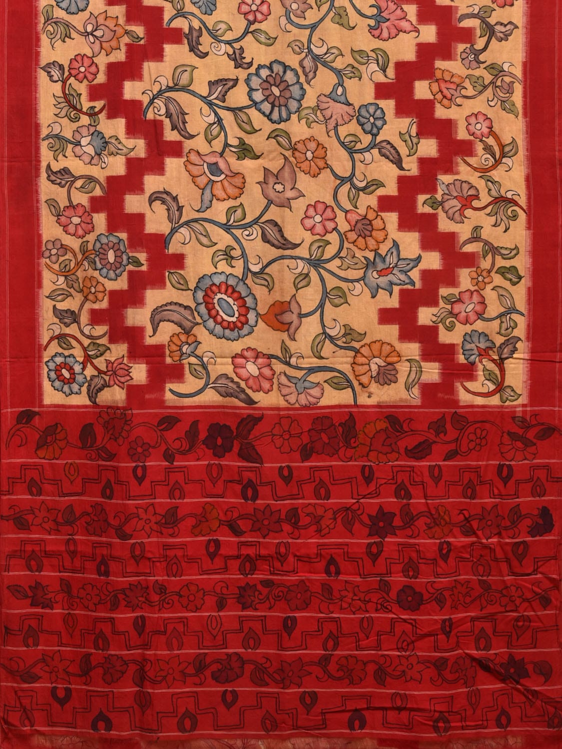 Red and Cream Kalamkari Hand Painted Ikat Cotton Handloom Saree with Floral Design KL0771