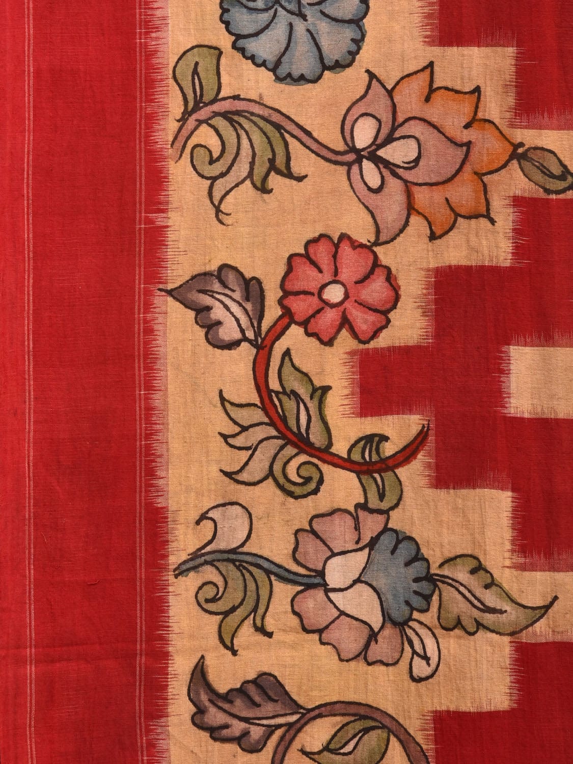 Red and Cream Kalamkari Hand Painted Ikat Cotton Handloom Saree with Floral Design KL0771