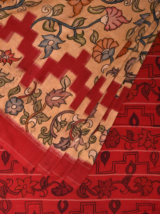 Red and Cream Kalamkari Hand Painted Ikat Cotton Handloom Saree with Floral Design KL0771