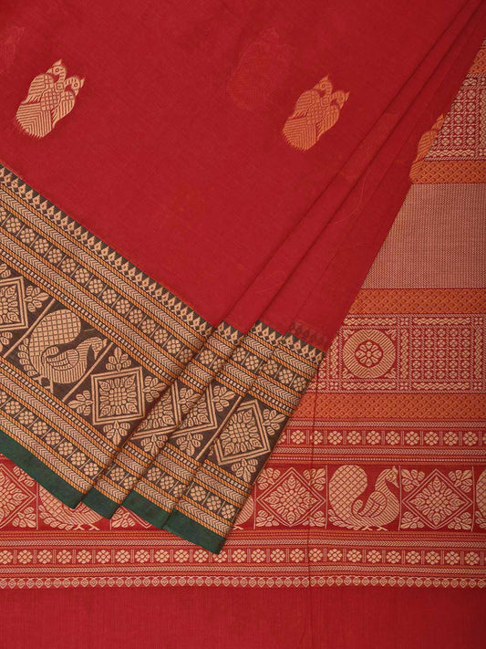 Red and Cream Kanchipuram Cotton Saree with Gandaberunda Buta and Pallu Design k0765