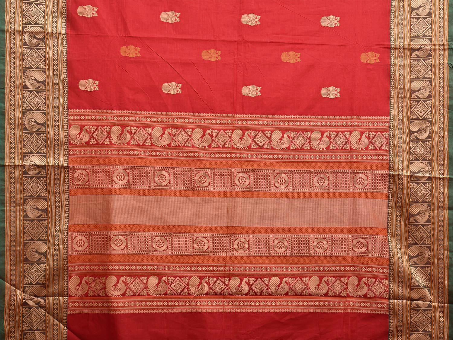 Red and Cream Kanchipuram Cotton Saree with Gandaberunda Buta and Pallu Design k0765