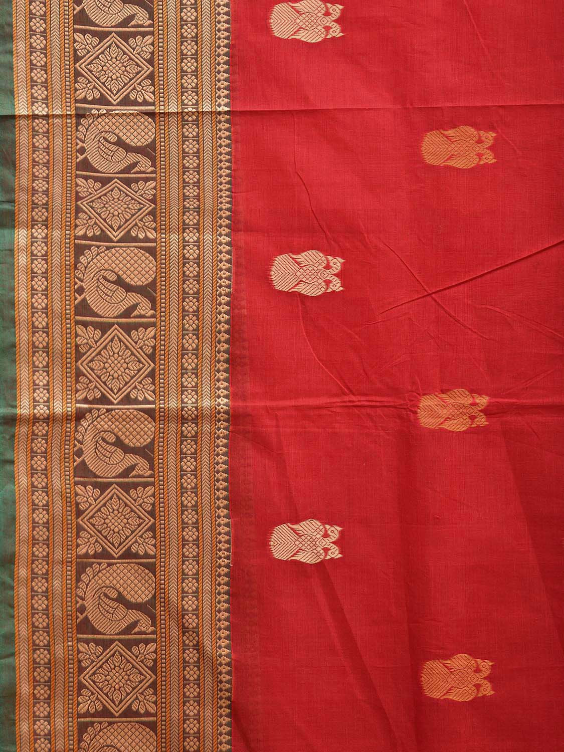 Red and Cream Kanchipuram Cotton Saree with Gandaberunda Buta and Pallu Design k0765