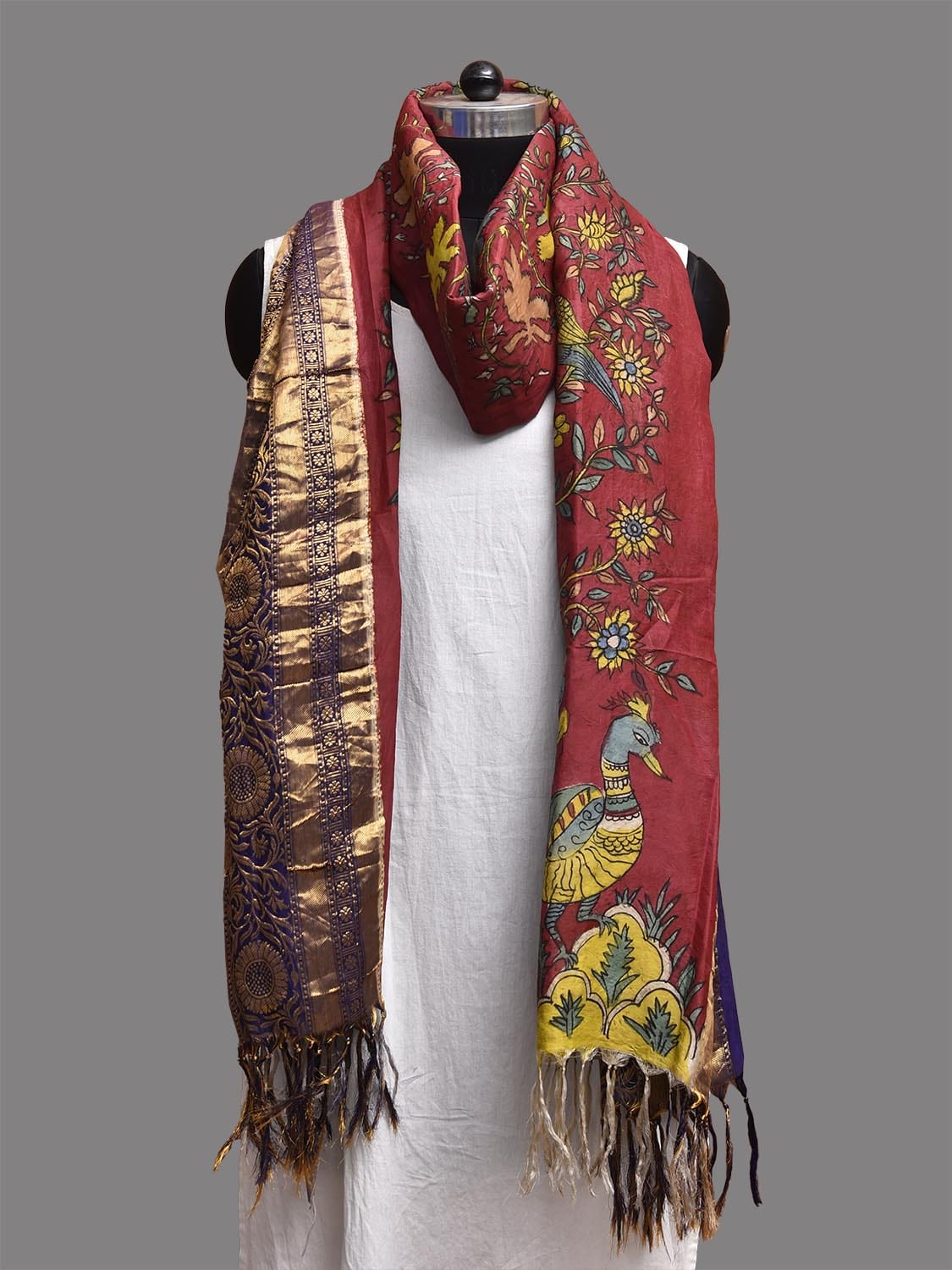 Red and Dark Blue Kalamkari Hand Painted Kanchipuram Silk Dupatta with Tree of Life Design ds3770