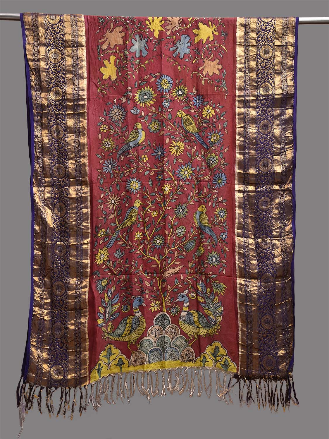 Red and Dark Blue Kalamkari Hand Painted Kanchipuram Silk Dupatta with Tree of Life Design ds3770