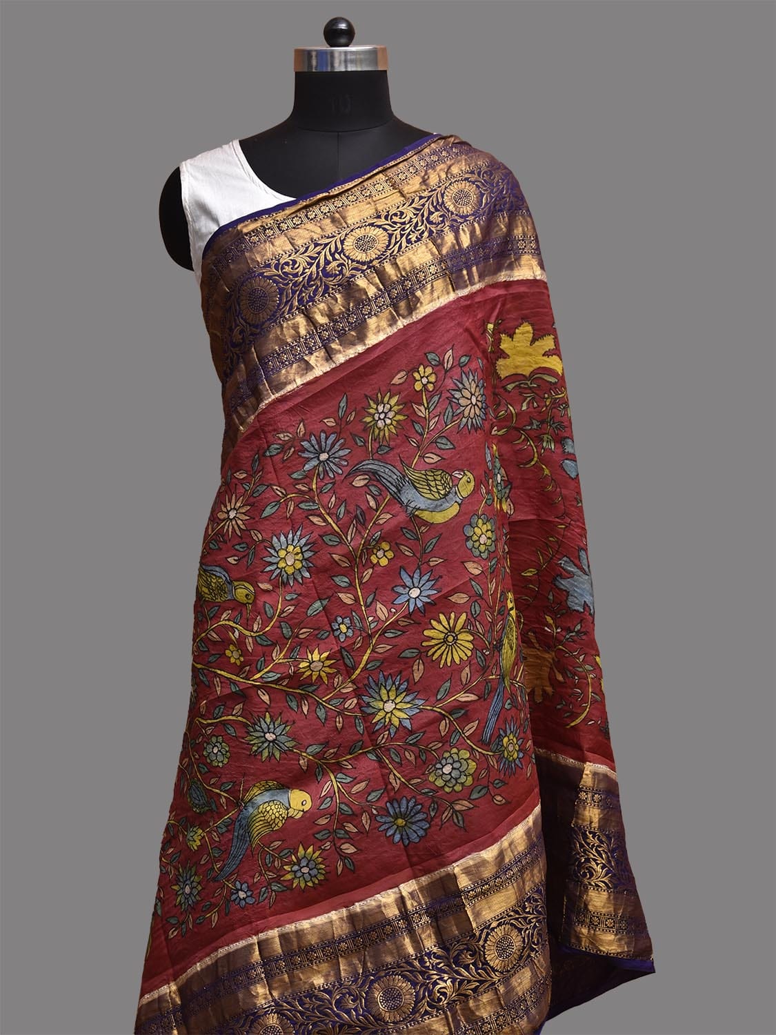 Red and Dark Blue Kalamkari Hand Painted Kanchipuram Silk Dupatta with Tree of Life Design ds3770