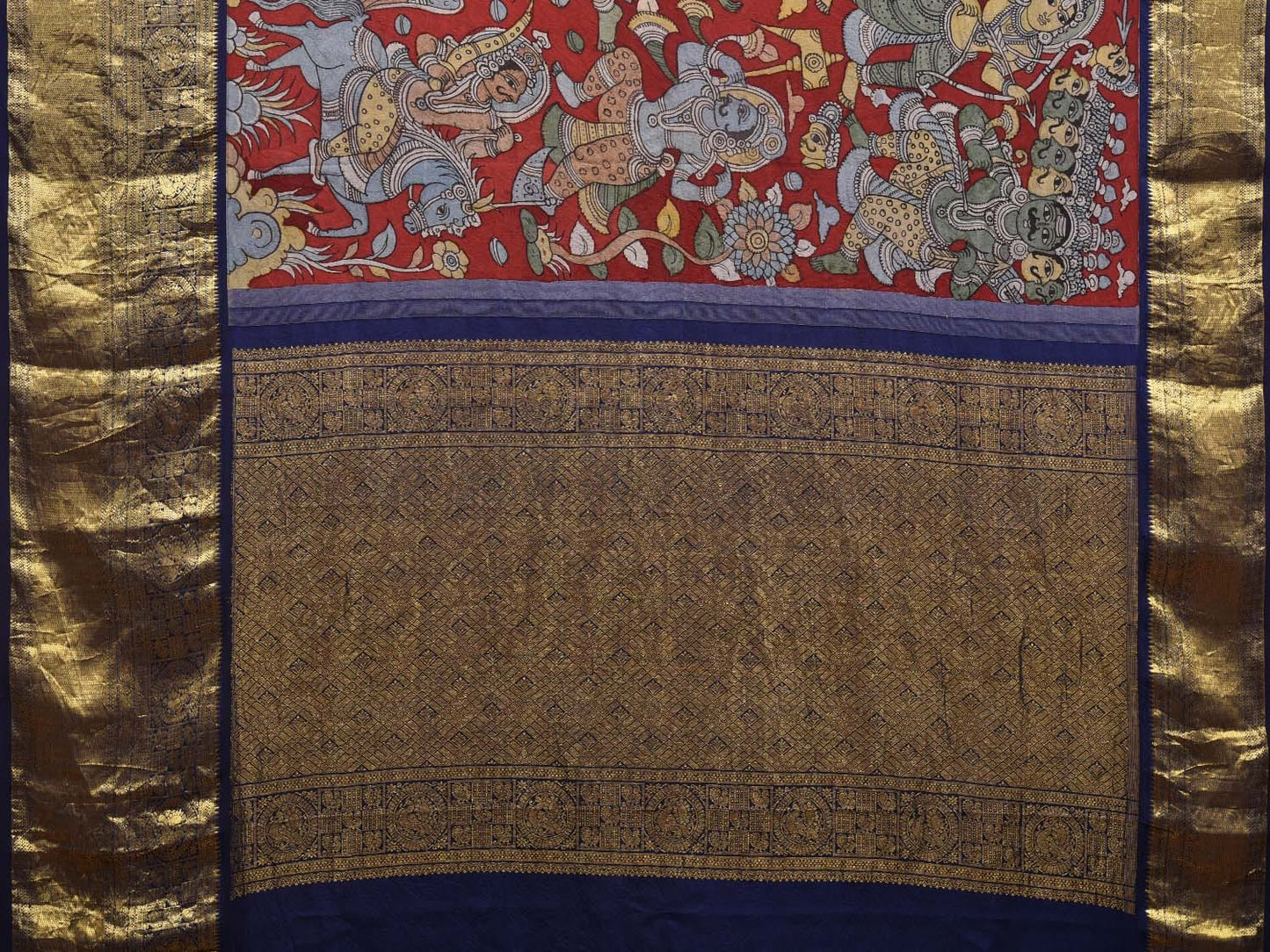 Red and Dark Blue Kalamkari Hand Painted Kanchipuram Silk Handloom Saree with Mythological Design KL0605