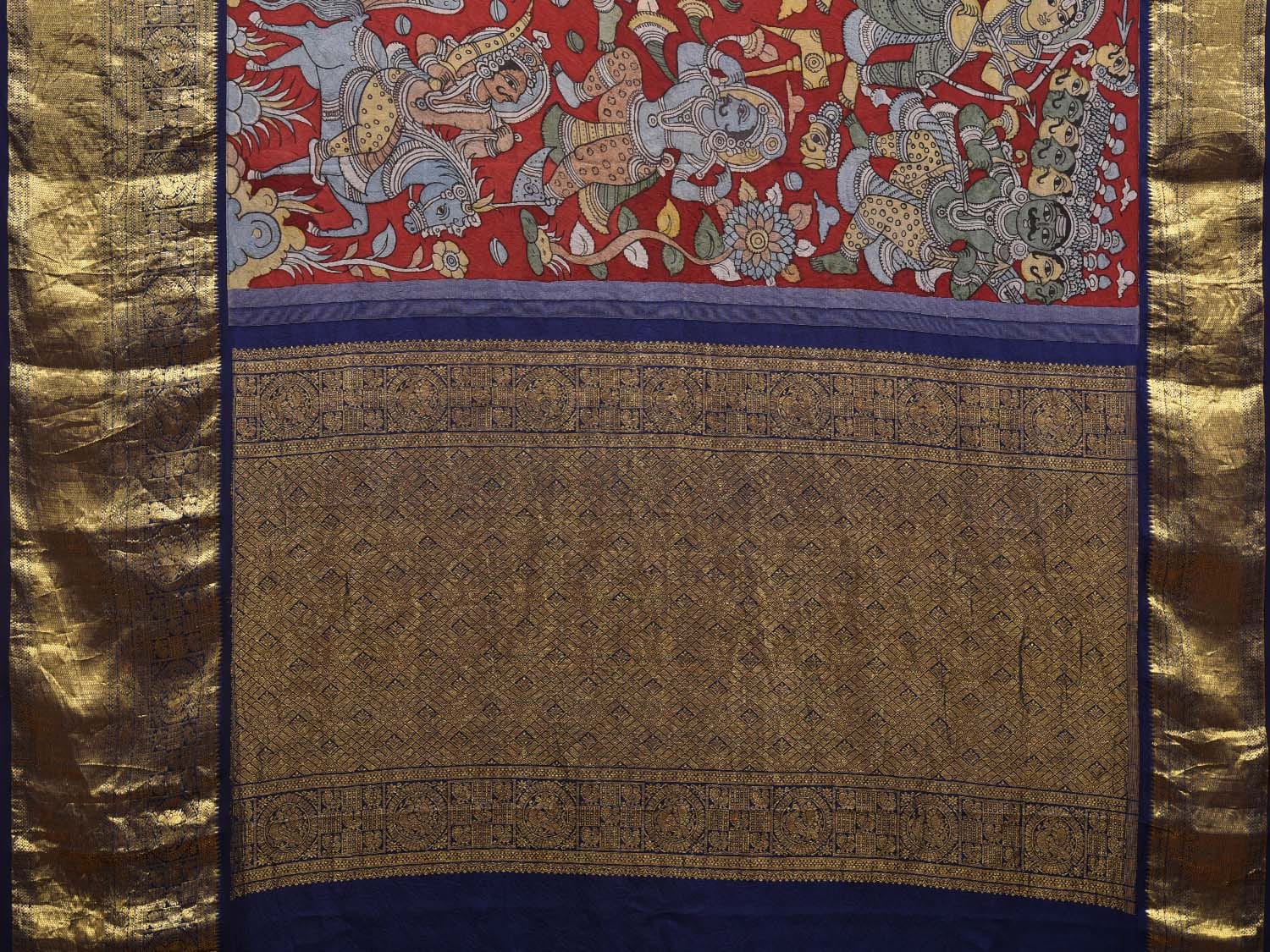 Red and Dark Blue Kalamkari Hand Painted Kanchipuram Silk Handloom Saree with Mythological Design KL0605