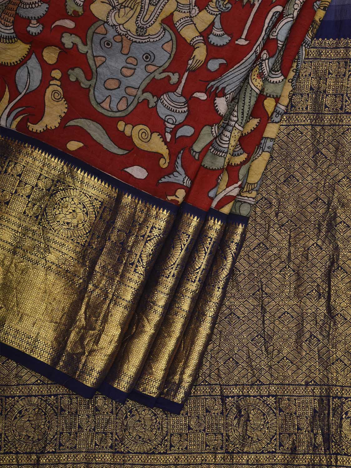 Red and Dark Blue Kalamkari Hand Painted Kanchipuram Silk Handloom Saree with Mythological Design KL0605