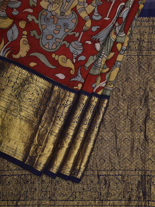 Red and Dark Blue Kalamkari Hand Painted Kanchipuram Silk Handloom Saree with Mythological Design KL0605