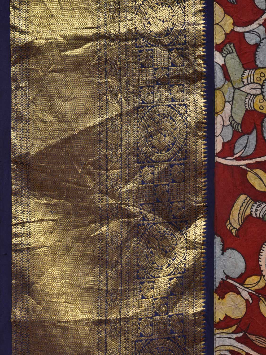 Red and Dark Blue Kalamkari Hand Painted Kanchipuram Silk Handloom Saree with Mythological Design KL0605