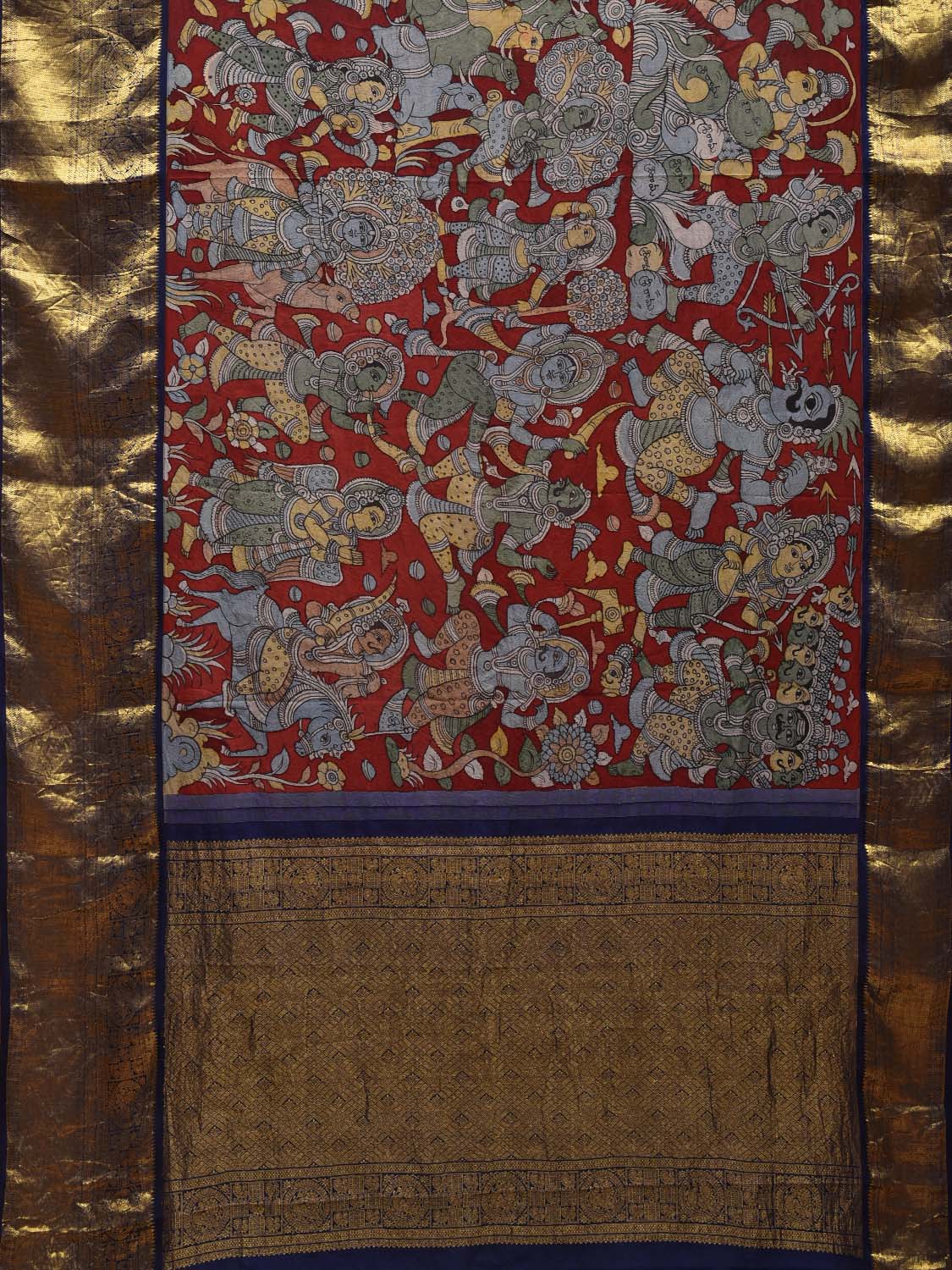 Red and Dark Blue Kalamkari Hand Painted Kanchipuram Silk Handloom Saree with Mythological Design KL0605