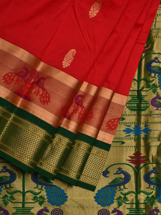 Red and Dark Green Paithani Silk Handloom Saree with Pallu and Border Design p0418