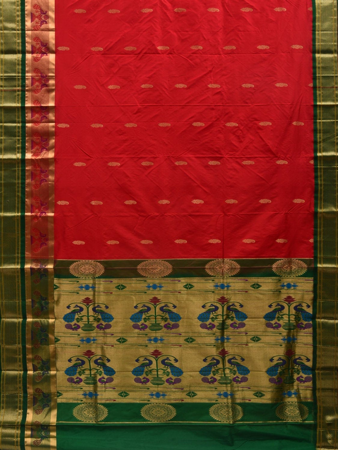 Red and Dark Green Paithani Silk Handloom Saree with Pallu and Border Design p0418