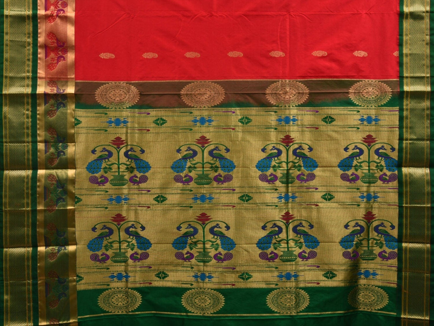 Red and Dark Green Paithani Silk Handloom Saree with Pallu and Border Design p0418