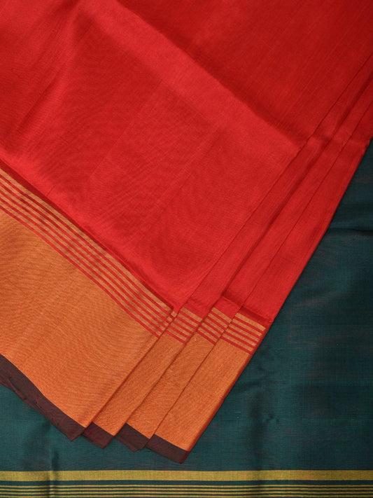 Red and Dark Green Uppada Silk Handloom Plain Saree with Contrast Pallu Design u2207