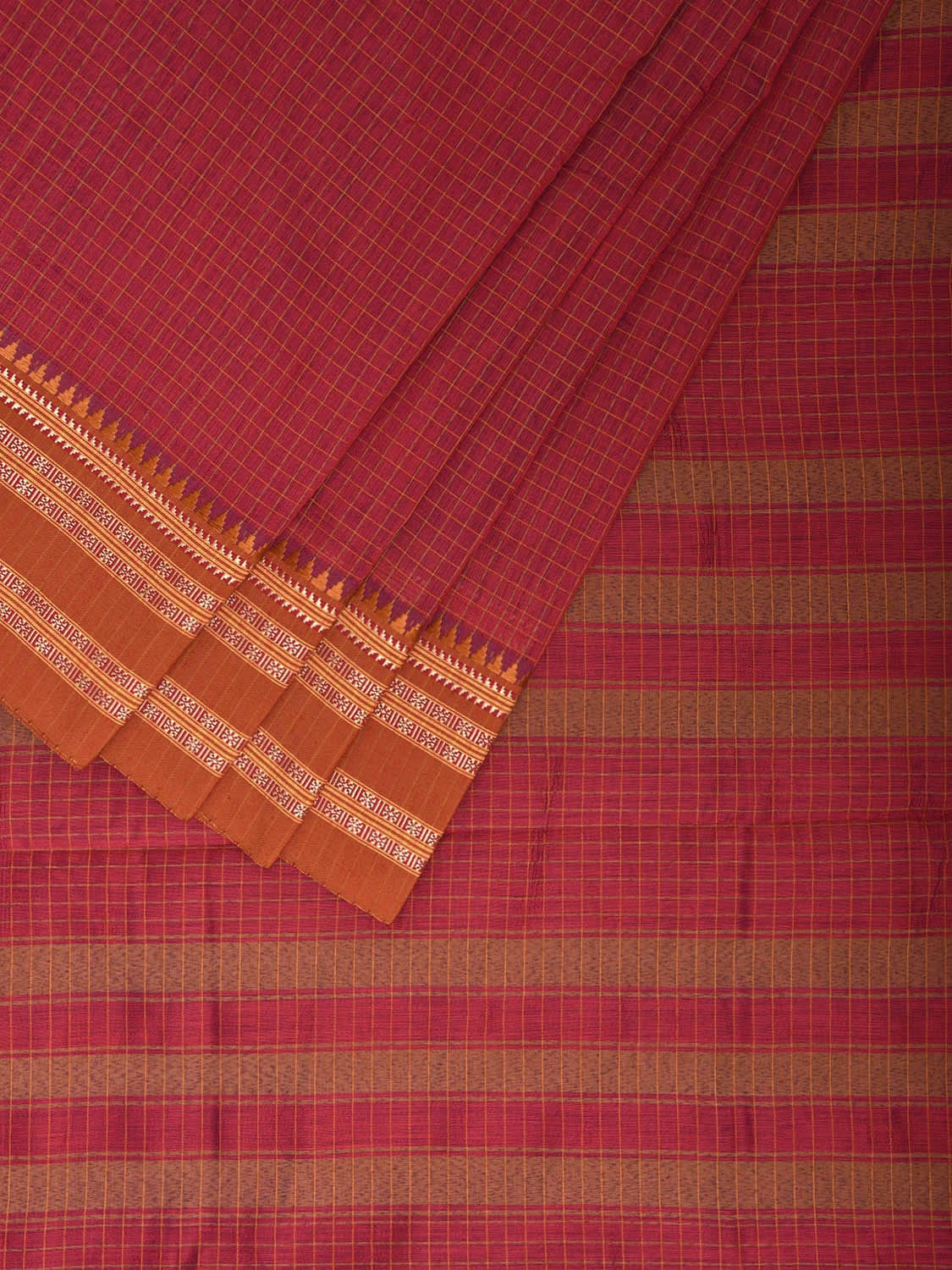Red and Fawn Bamboo Cotton Saree with Checks Design No Blouse bc0795