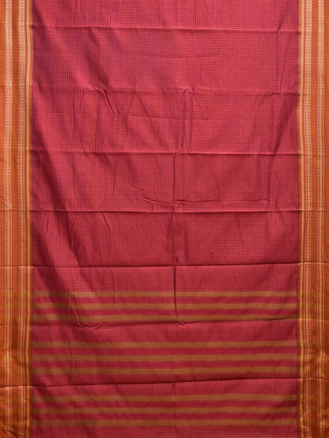 Red and Fawn Bamboo Cotton Saree with Checks Design No Blouse bc0795
