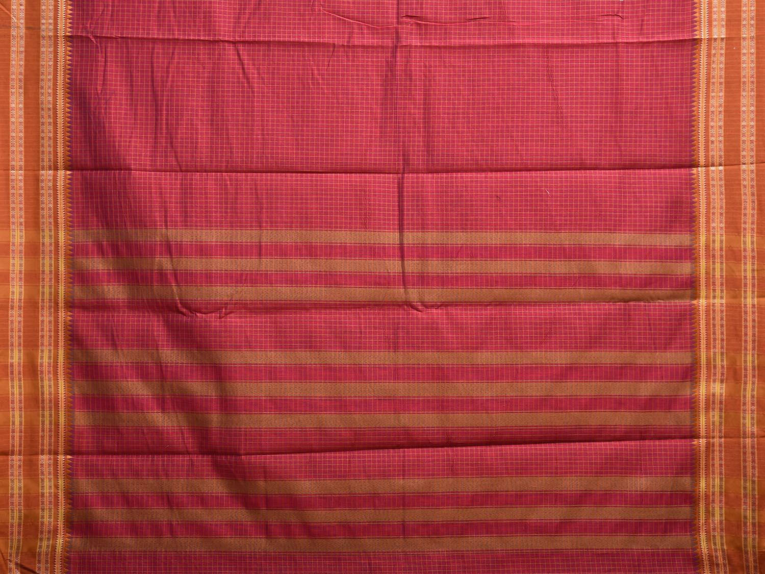 Red and Fawn Bamboo Cotton Saree with Checks Design No Blouse bc0795
