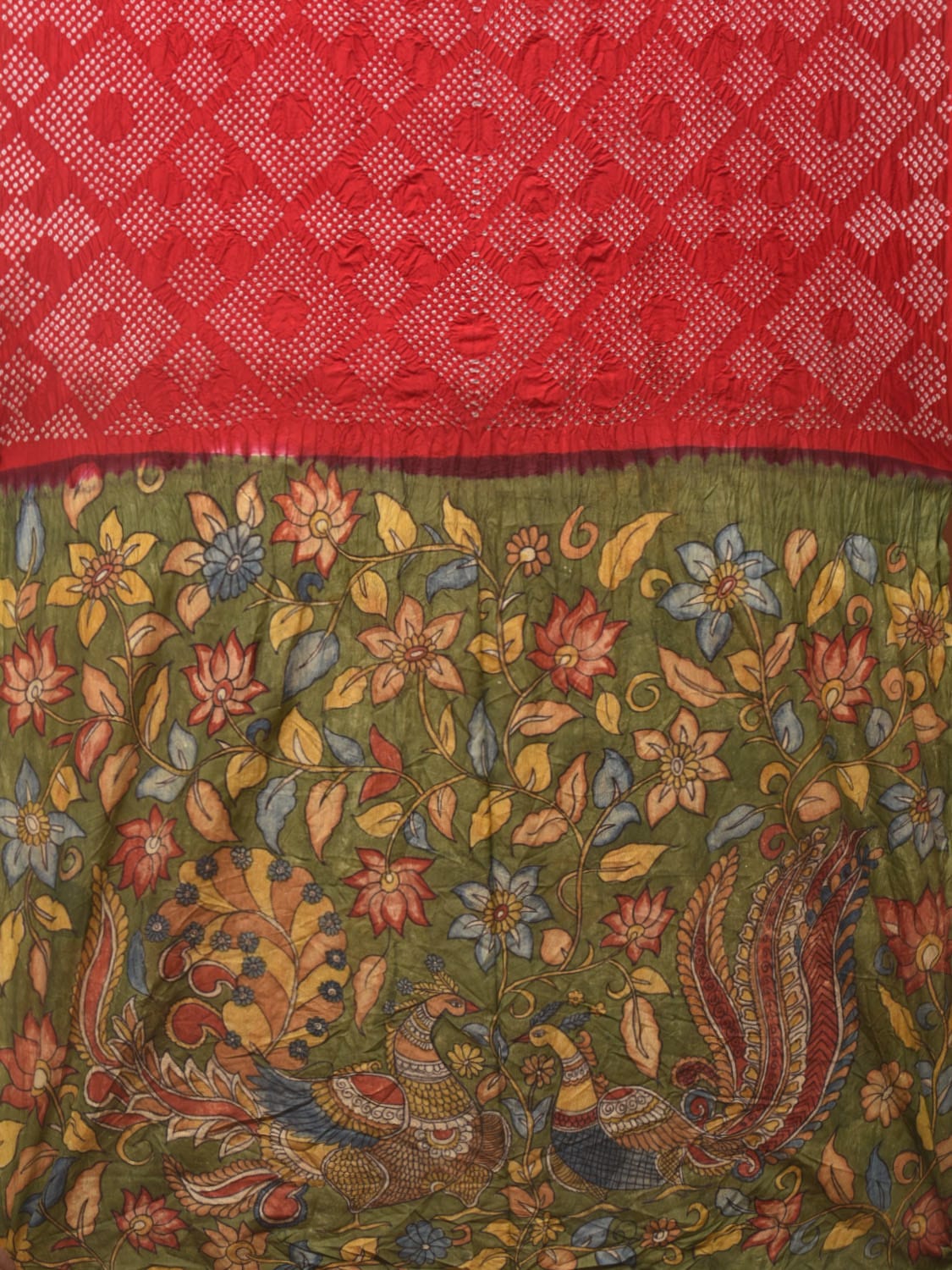 Red and Green Badhani Silk Handloom Saree with Geometrical Body and Kalamkari Pallu and Blouse Design bn0494