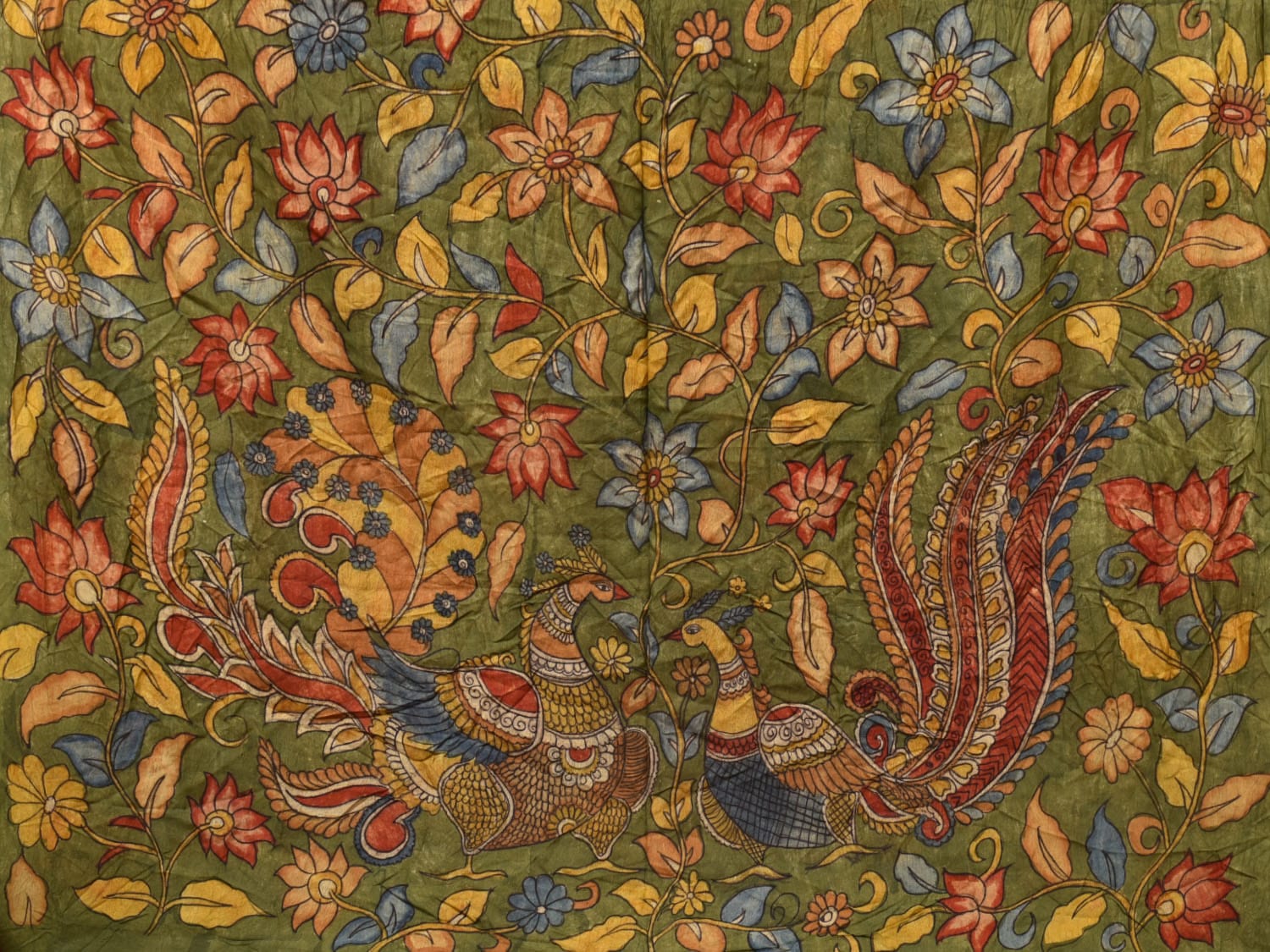 Red and Green Badhani Silk Handloom Saree with Geometrical Body and Kalamkari Pallu and Blouse Design bn0494