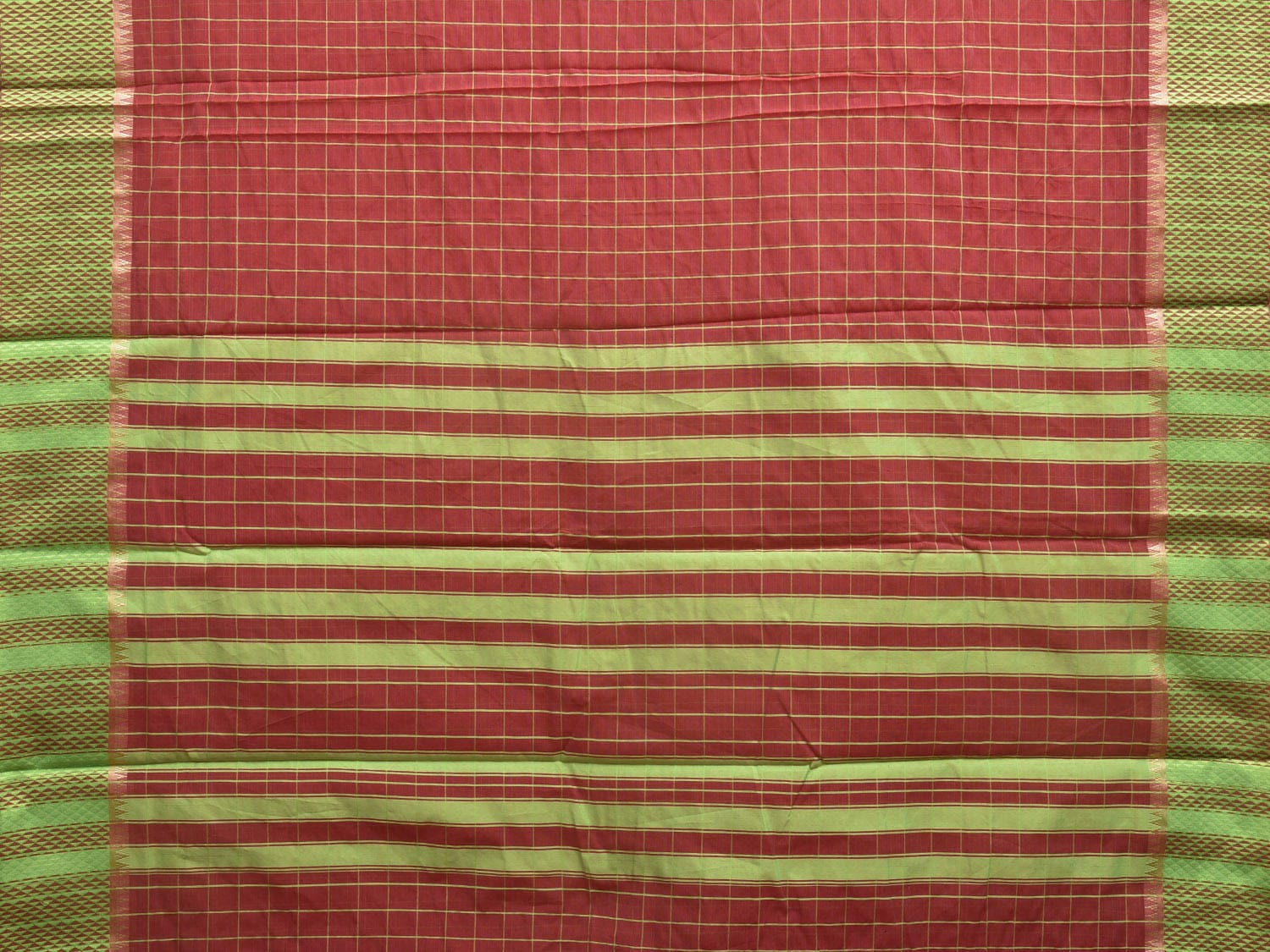 Red and Green Bamboo Cotton Saree with Big Checks Design No Blouse bc0345