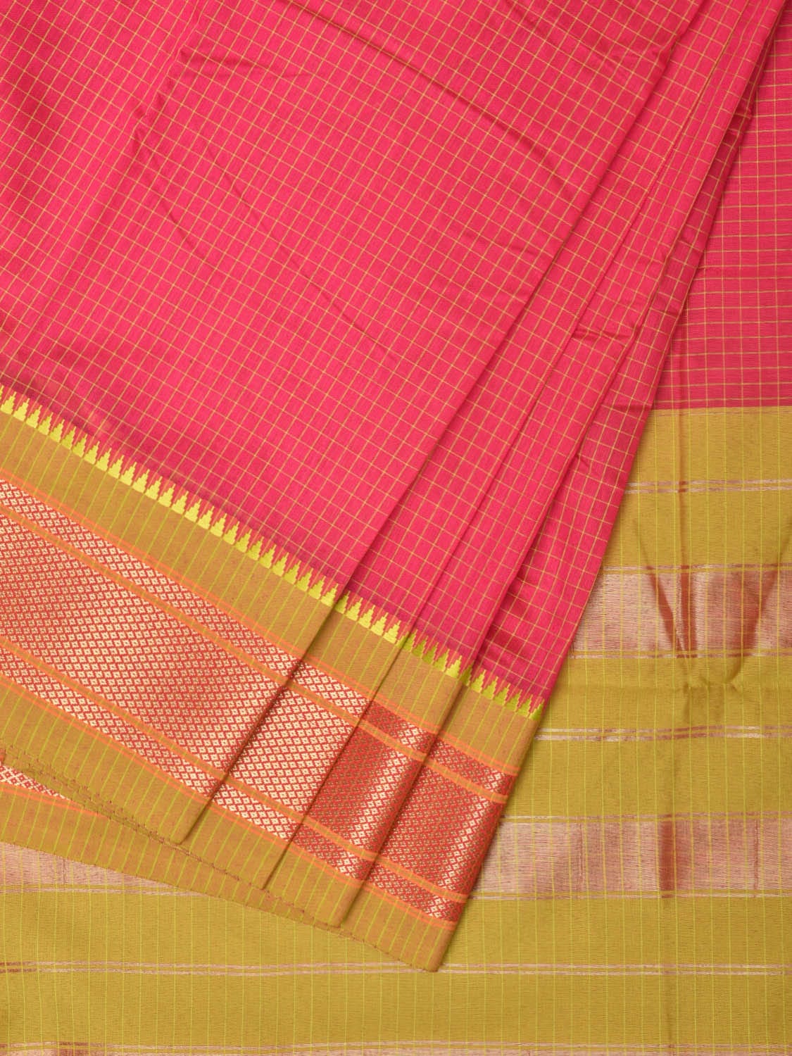 Red and Green Bamboo Cotton Saree with Checks Design No Blouse bc0219