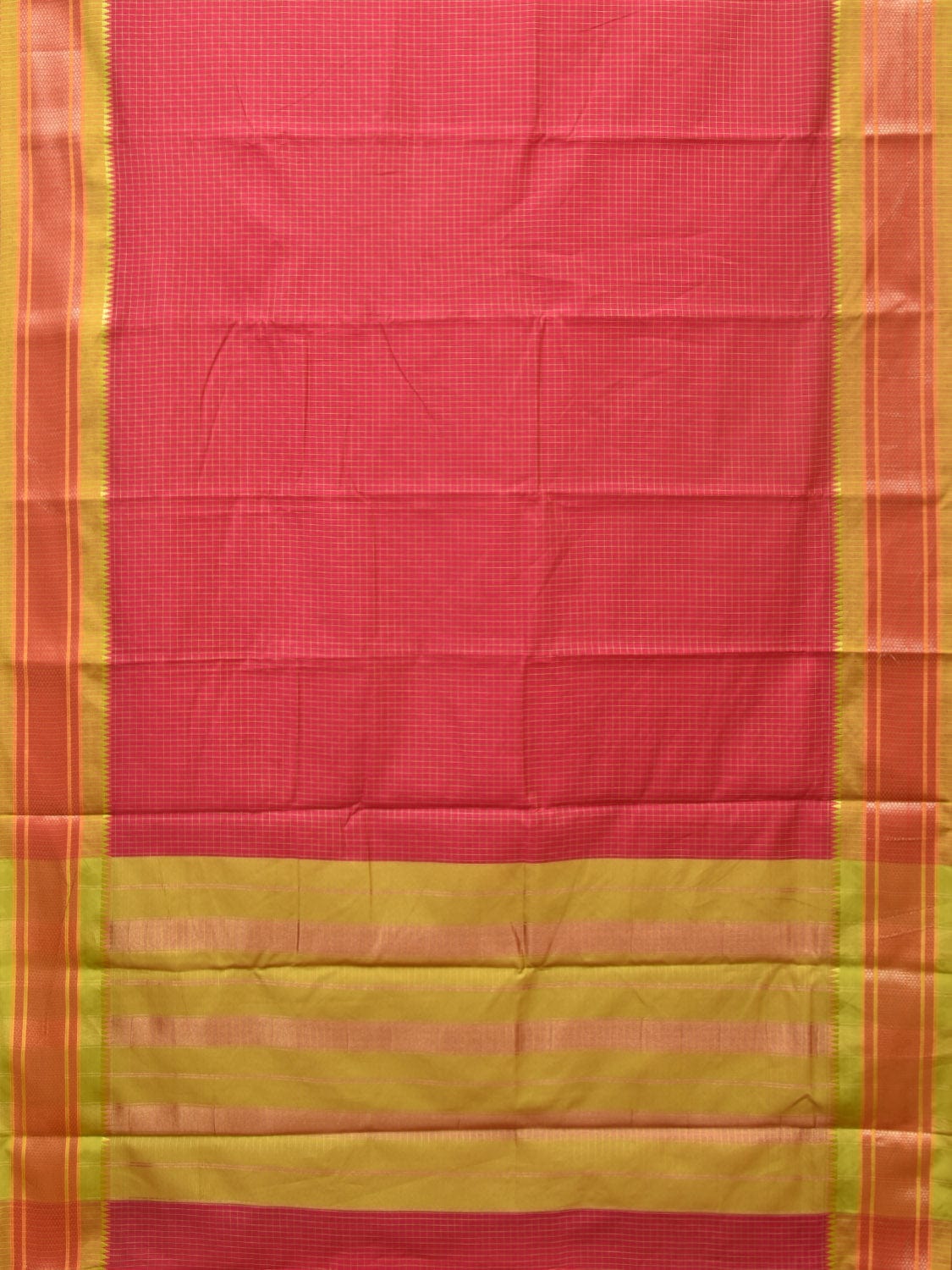 Red and Green Bamboo Cotton Saree with Checks Design No Blouse bc0219