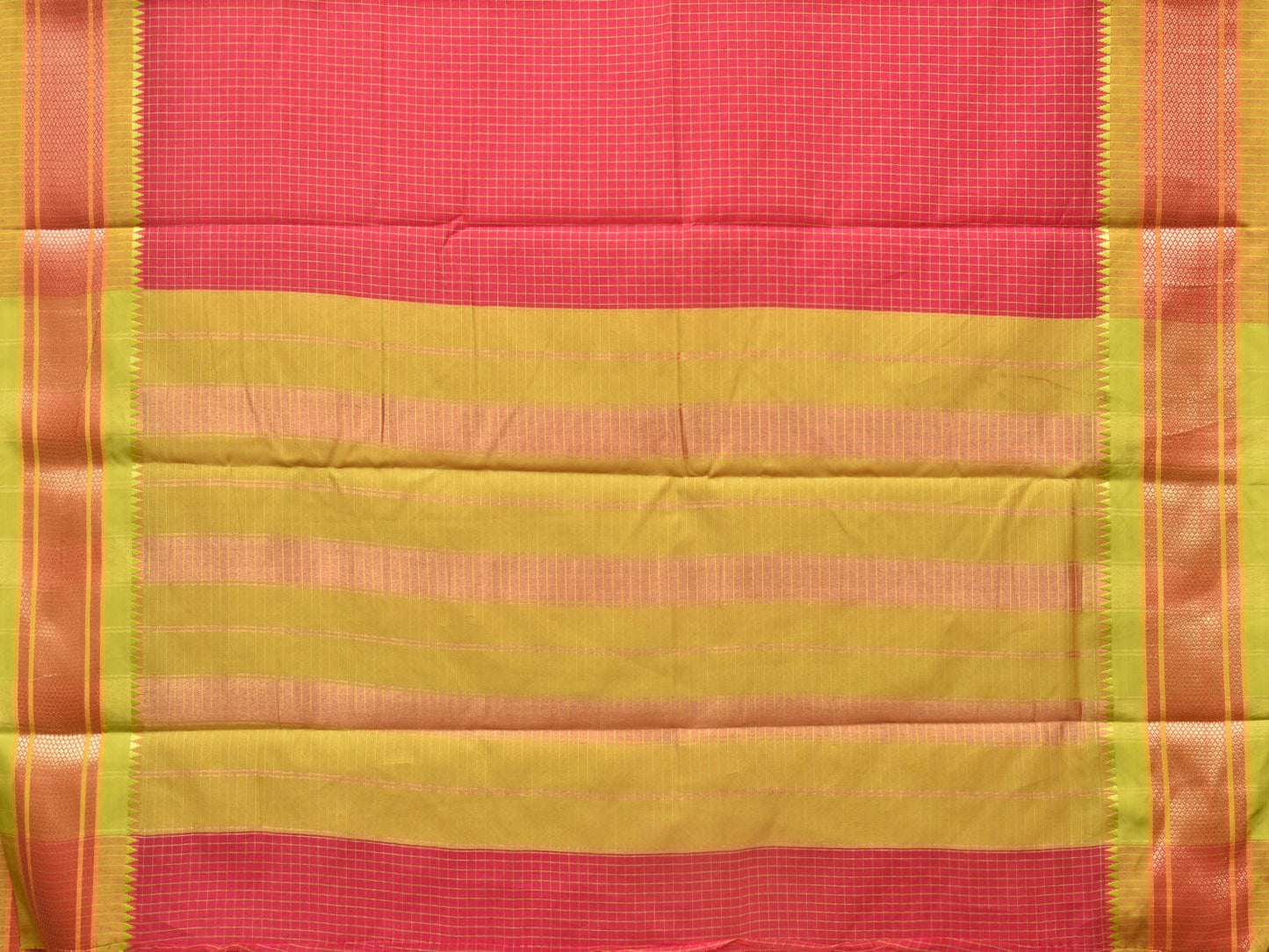 Red and Green Bamboo Cotton Saree with Checks Design No Blouse bc0219