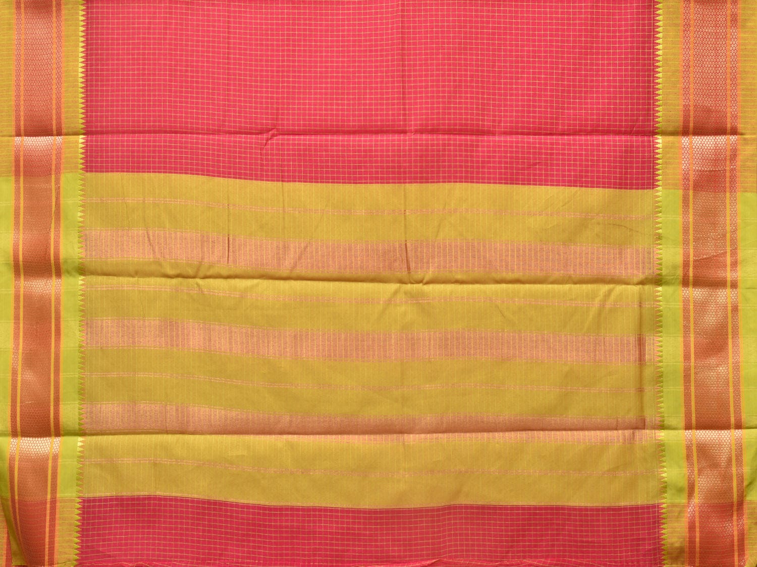 Red and Green Bamboo Cotton Saree with Checks Design No Blouse bc0219