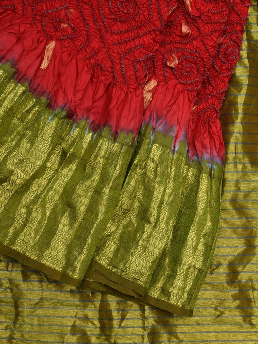Red and Green Bandhani Kanchipuram Silk Handloom Saree with Corner Gandberuda Design bn0293