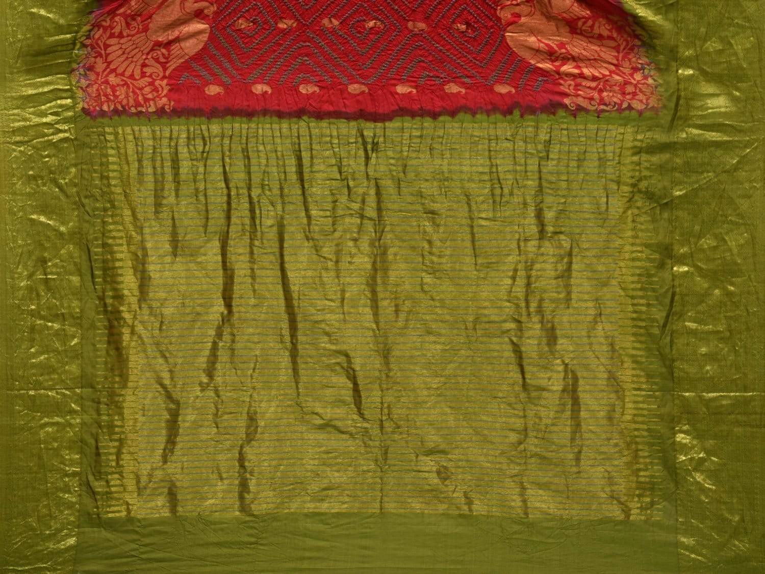 Red and Green Bandhani Kanchipuram Silk Handloom Saree with Corner Gandberuda Design bn0293