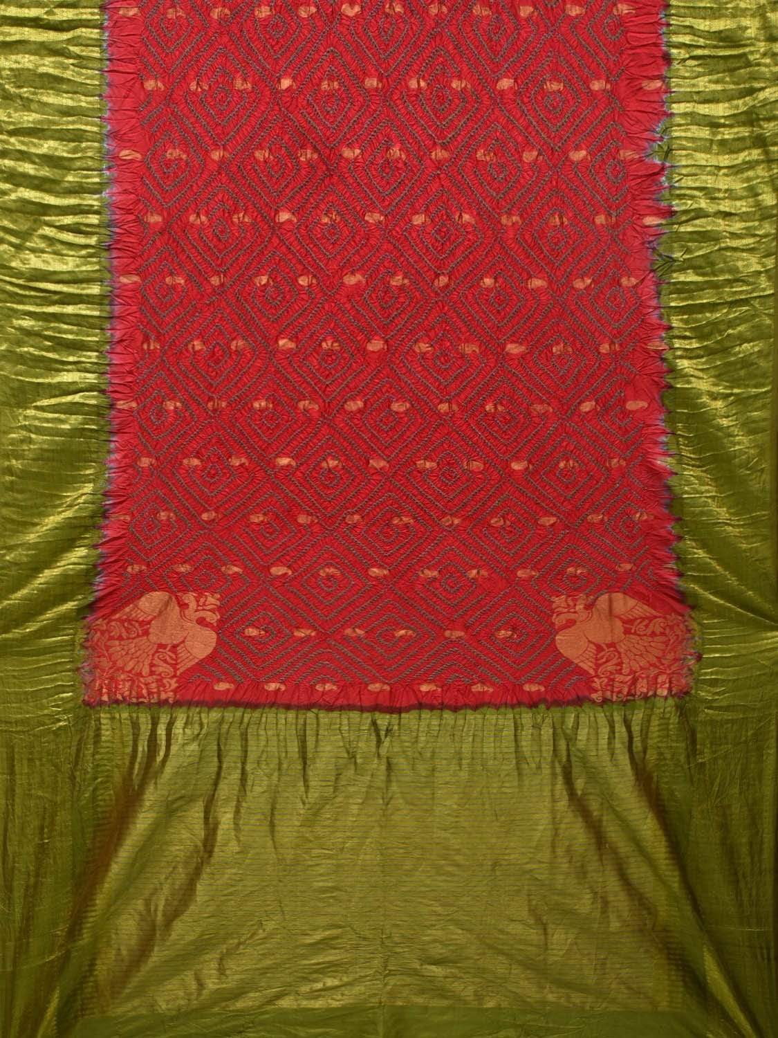 Red and Green Bandhani Kanchipuram Silk Handloom Saree with Corner Gandberuda Design bn0293