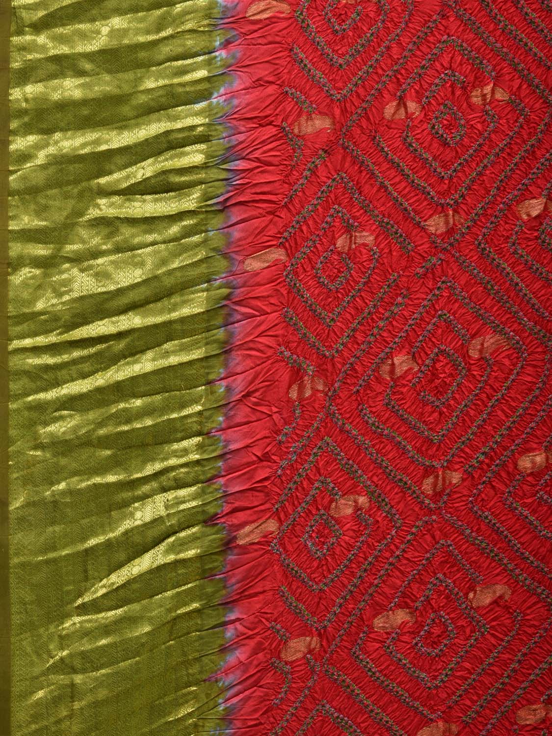 Red and Green Bandhani Kanchipuram Silk Handloom Saree with Corner Gandberuda Design bn0293