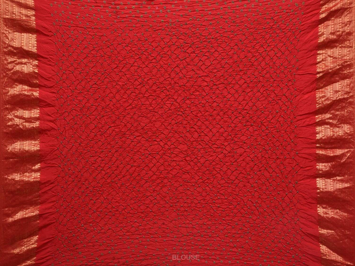 Red and Green Bandhani Kanchipuram Silk Handloom Saree with Corner Gandberuda Design bn0293