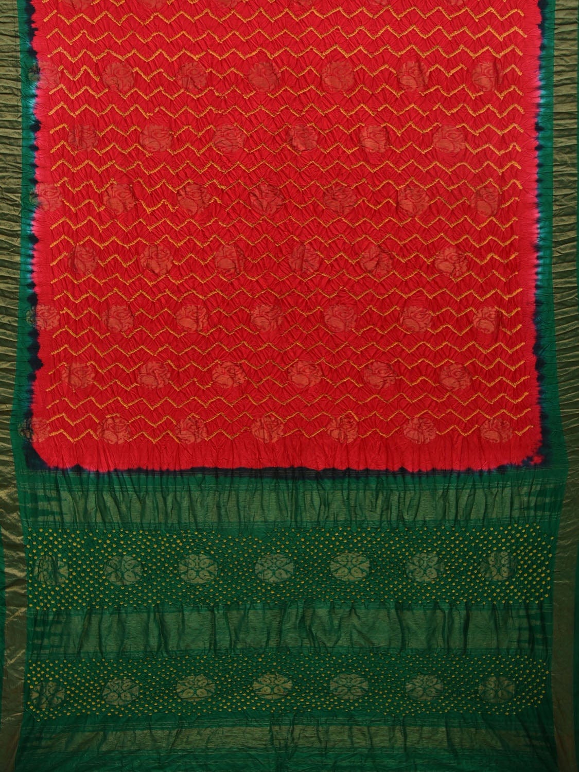 Red and Green Bandhani Uppada Silk Handloom Saree with Nilambari Buta Design bn0330