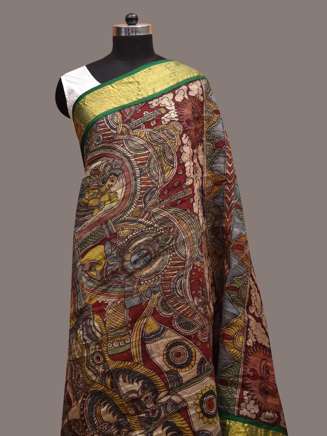 Red and Green Kalamkari Hand Painted Kanchipuram Silk Handloom Dupatta with Krishna and Arjun Design ds3628