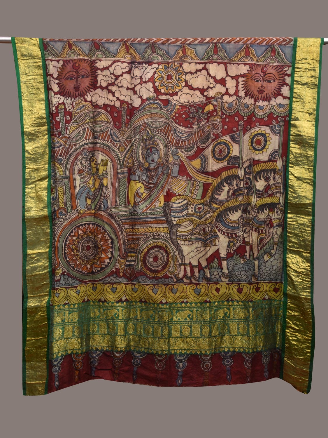 Red and Green Kalamkari Hand Painted Kanchipuram Silk Handloom Dupatta with Krishna and Arjun Design ds3628