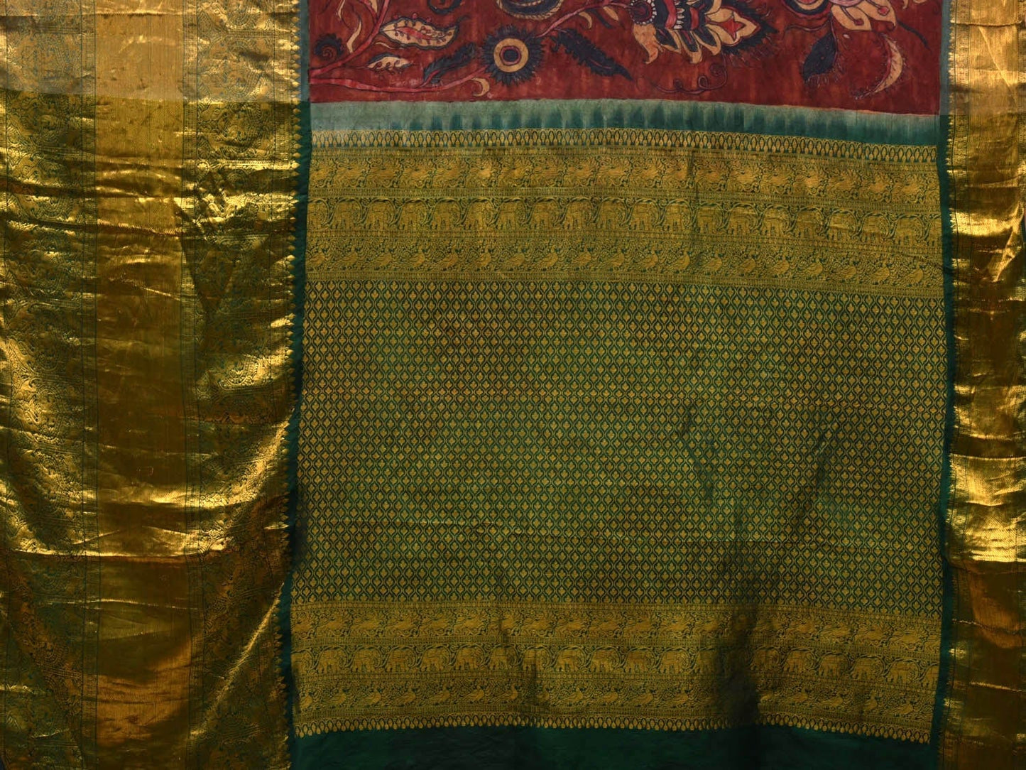 Red and Green Kalamkari Hand Painted Kanchipuram Silk Handloom Saree with Big Floral Design KL0589