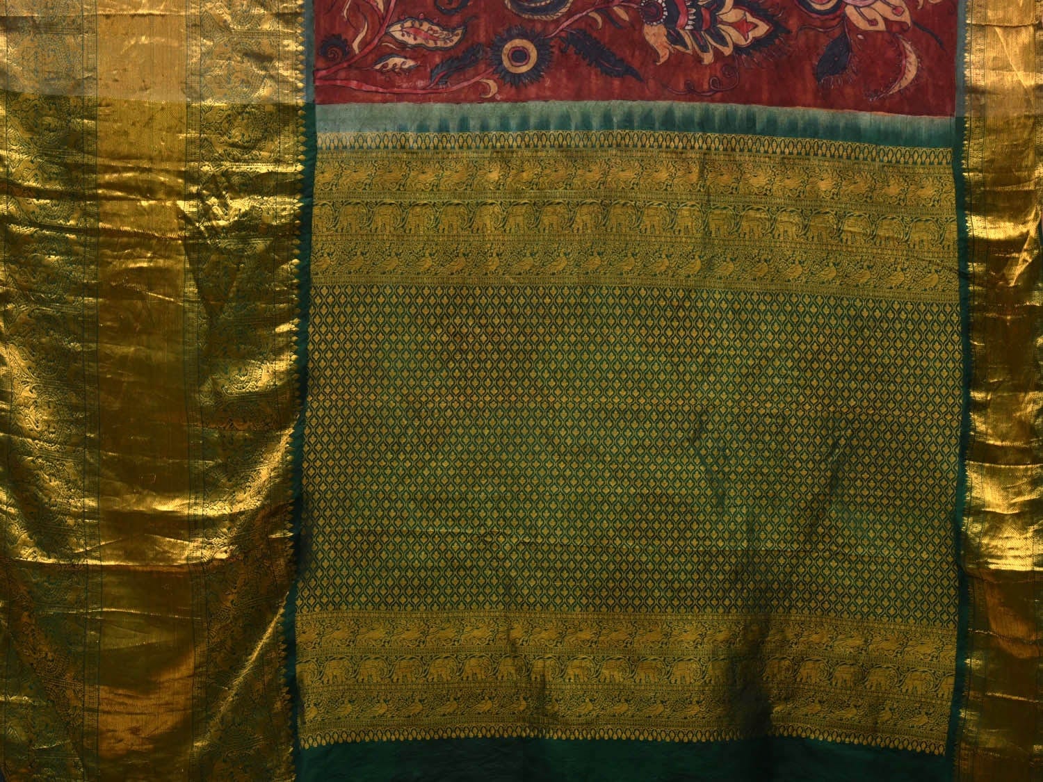 Red and Green Kalamkari Hand Painted Kanchipuram Silk Handloom Saree with Big Floral Design KL0589