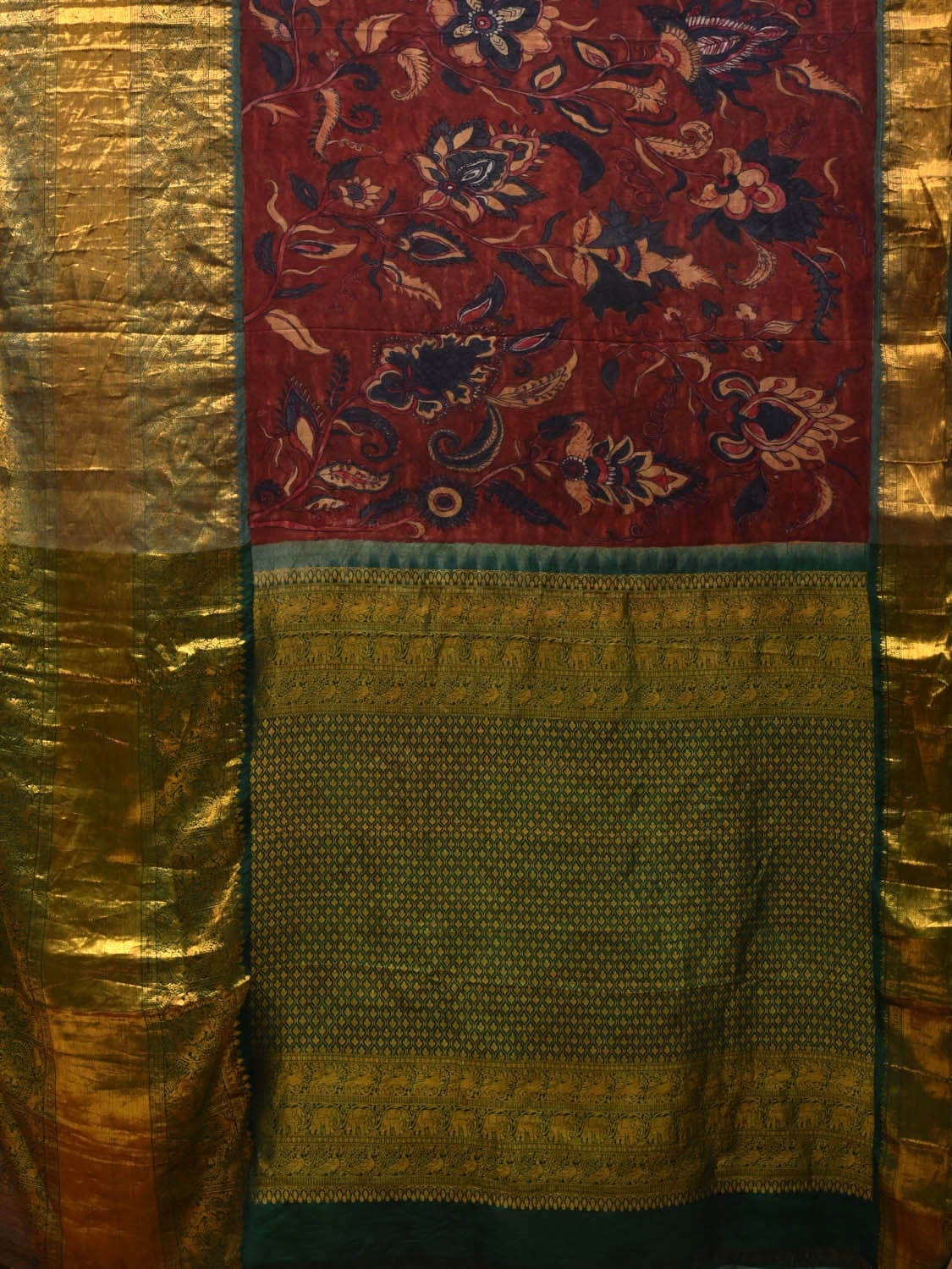 Red and Green Kalamkari Hand Painted Kanchipuram Silk Handloom Saree with Big Floral Design KL0589