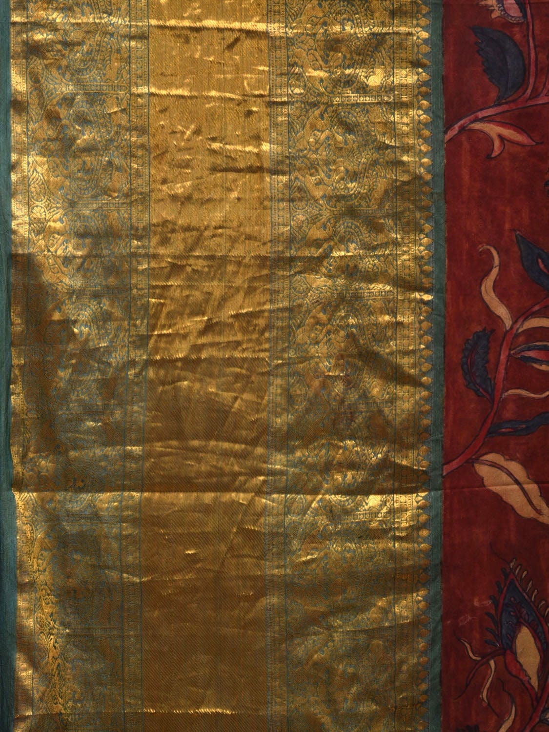 Red and Green Kalamkari Hand Painted Kanchipuram Silk Handloom Saree with Big Floral Design KL0589